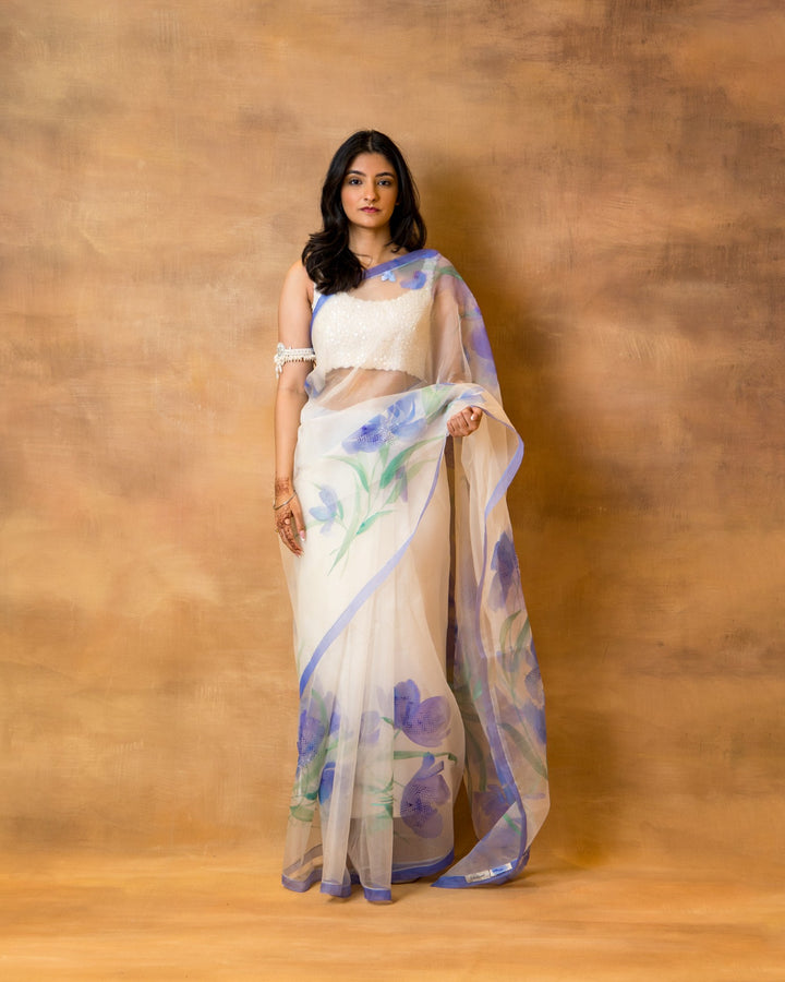 Handpainted Ivory Purple Sequin Saree