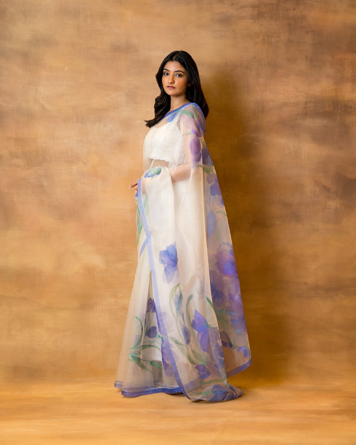 Handpainted Ivory Purple Sequin Saree