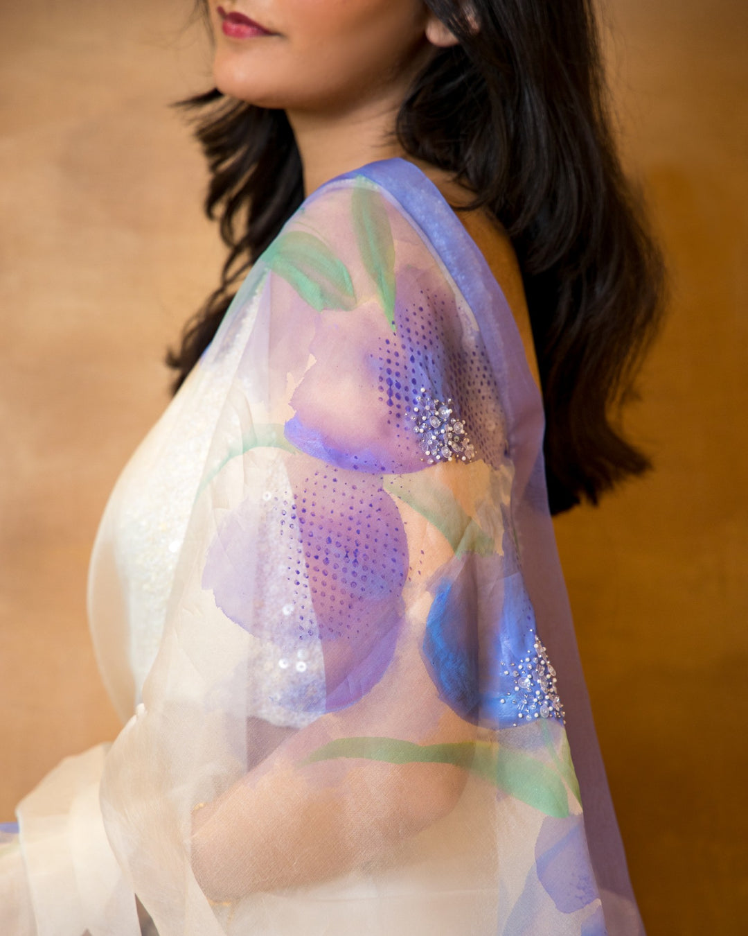 Handpainted Ivory Purple Sequin Saree