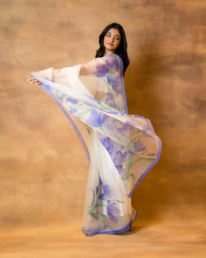 Handpainted Ivory Purple Sequin Saree