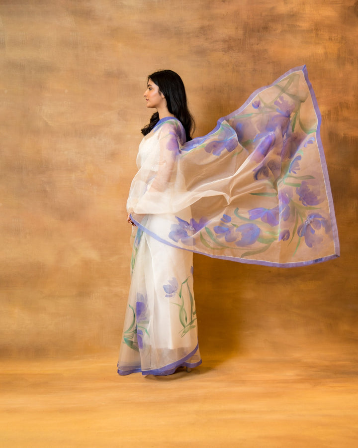 Handpainted Ivory Purple Sequin Saree