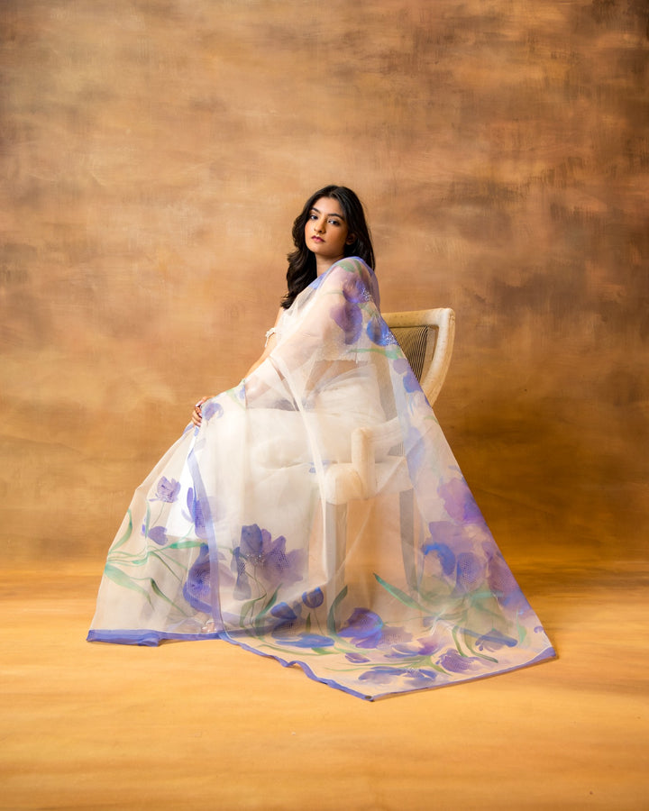 Handpainted Ivory Purple Sequin Saree