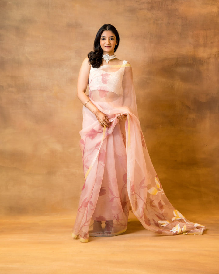 Handpainted Rose Pink Organza Saree