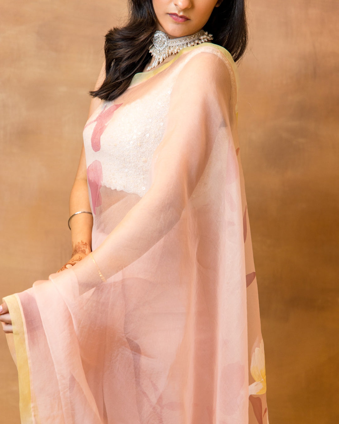 Handpainted Rose Pink Organza Saree