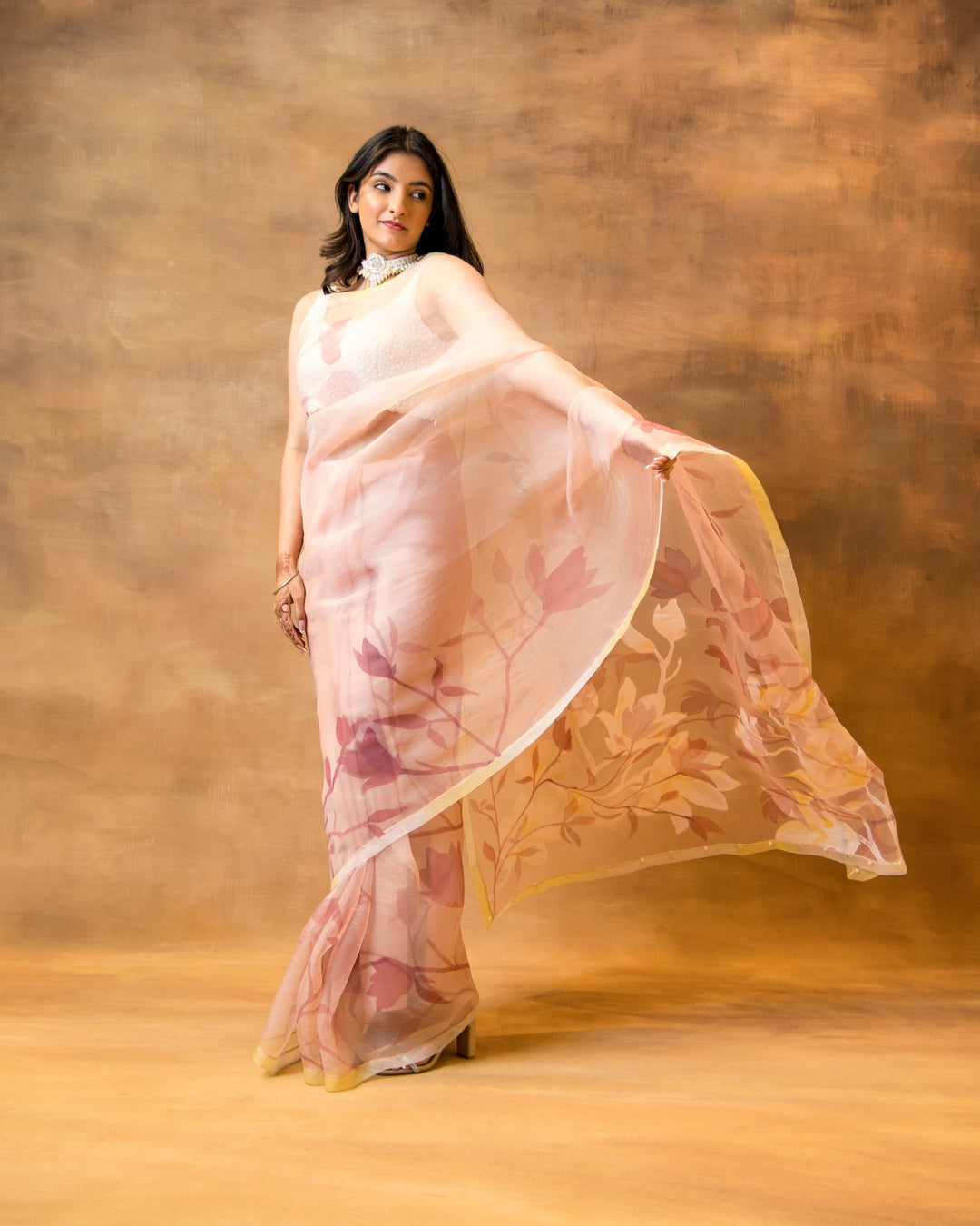 Handpainted Rose Pink Organza Saree