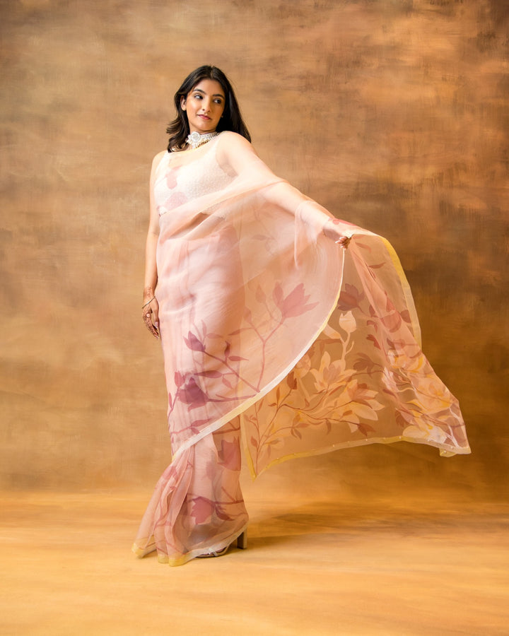 Handpainted Rose Pink Organza Saree
