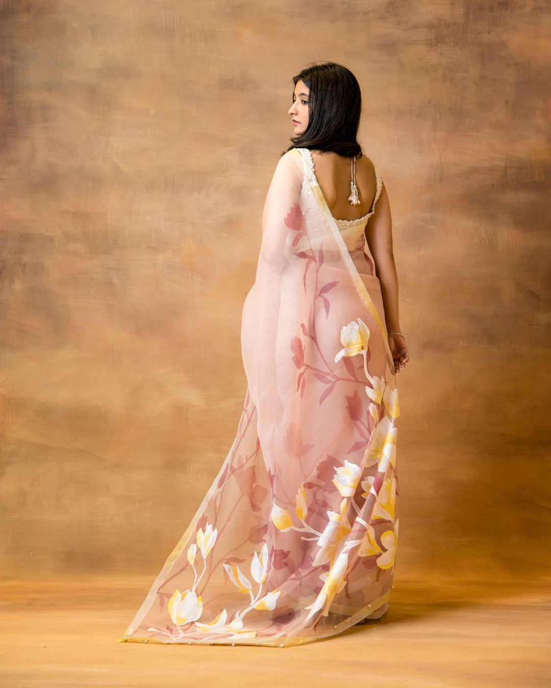 Handpainted Rose Pink Organza Saree