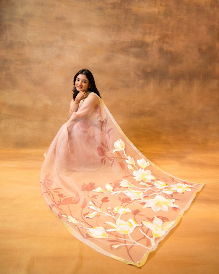 Handpainted Rose Pink Organza Saree