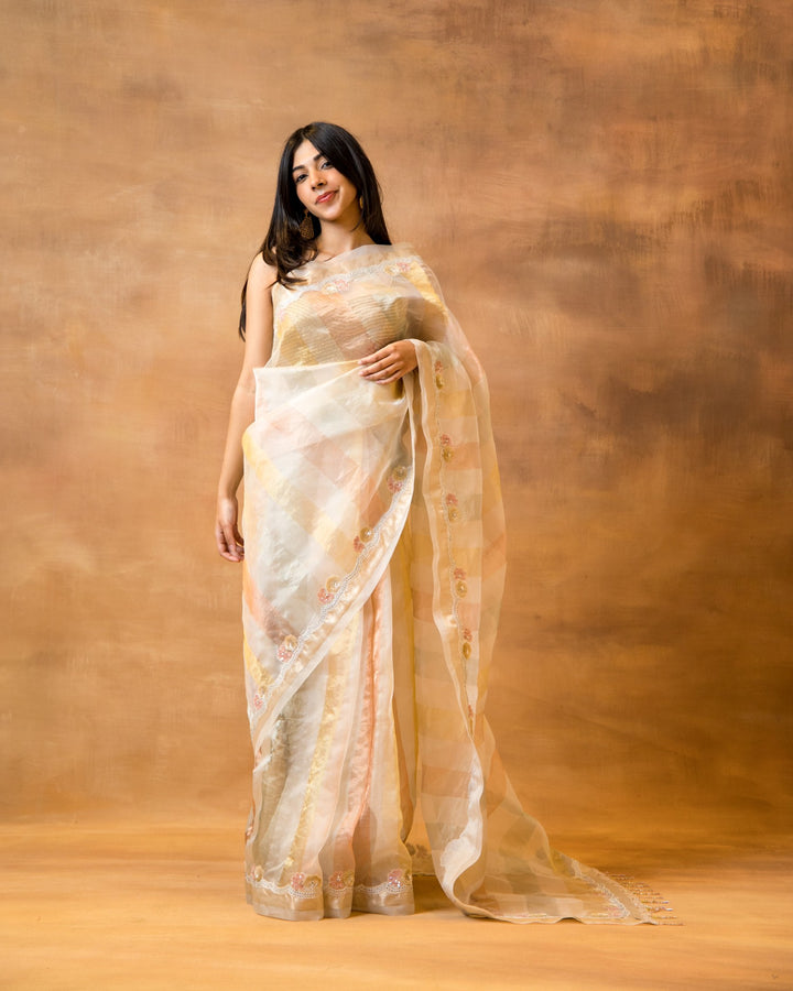 Copper Gold Ivory Tissue Saree
