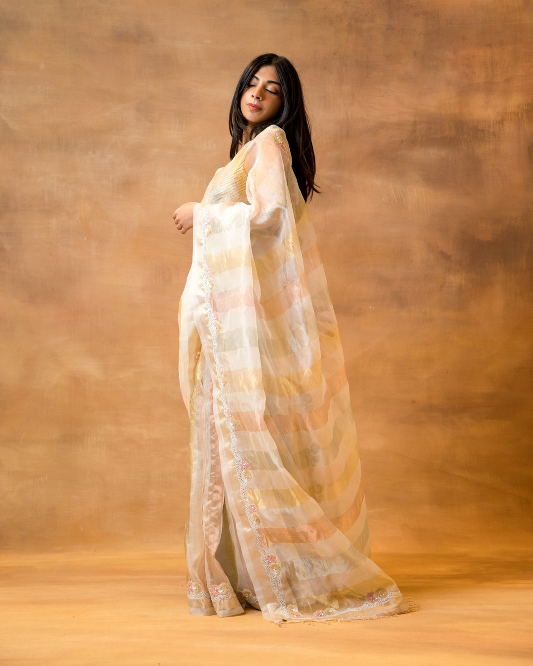 Copper Gold Ivory Tissue Saree
