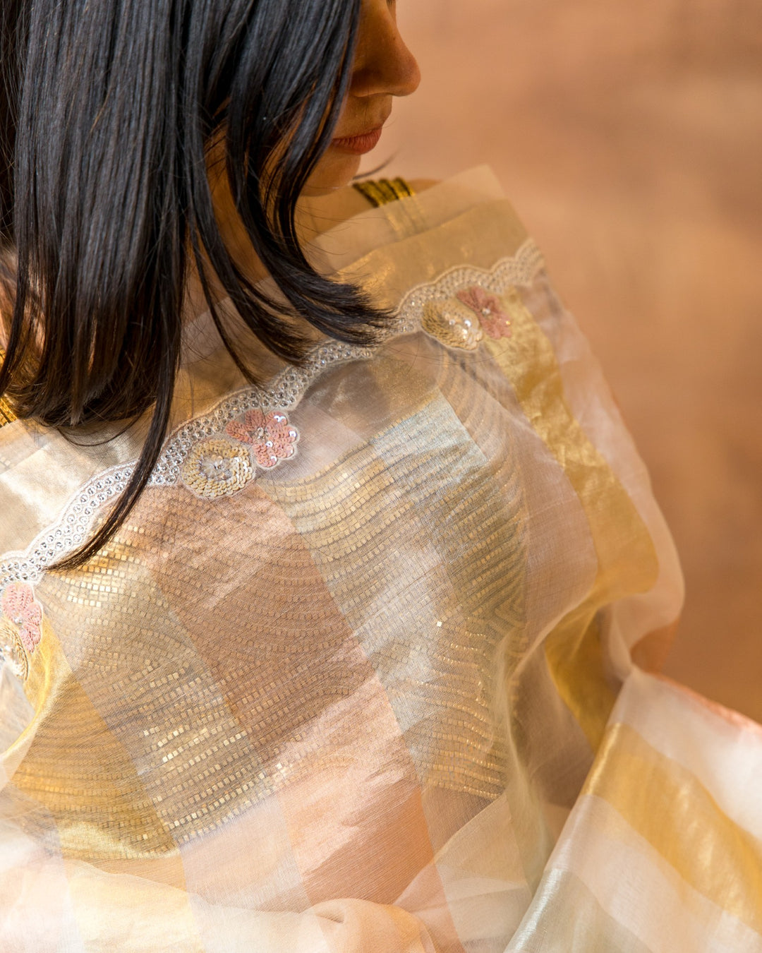 Copper Gold Ivory Tissue Saree
