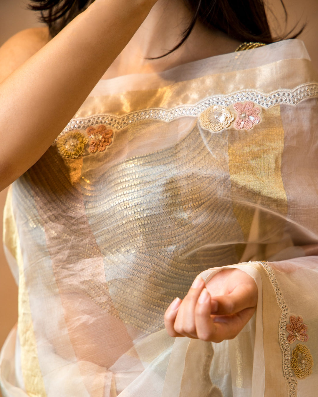 Copper Gold Ivory Tissue Saree