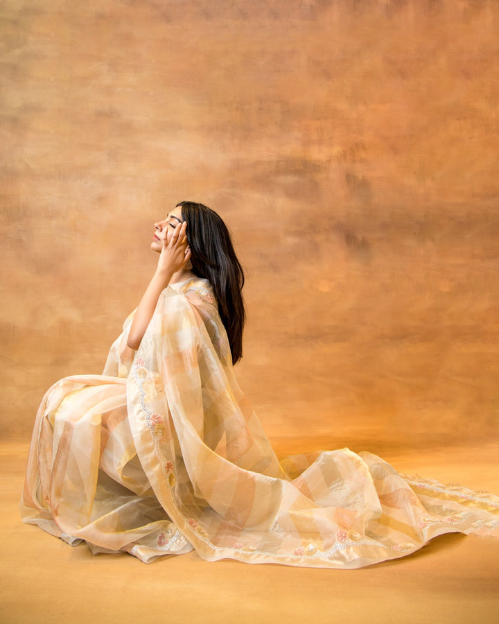 Copper Gold Ivory Tissue Saree