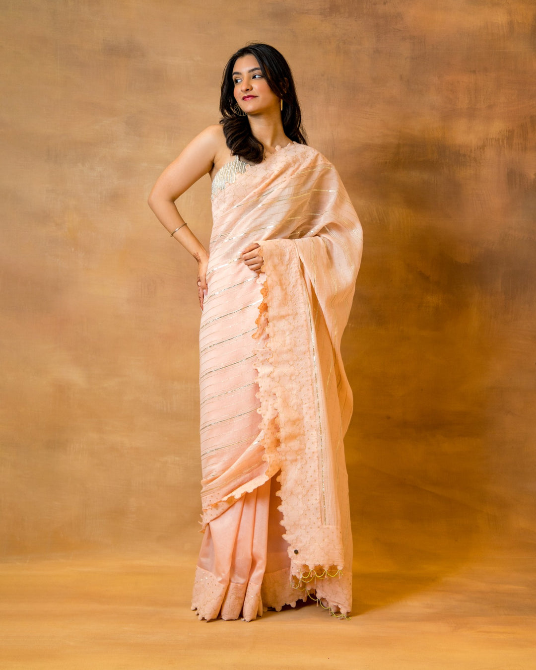 Peach Gota Stripe & Polka Saree