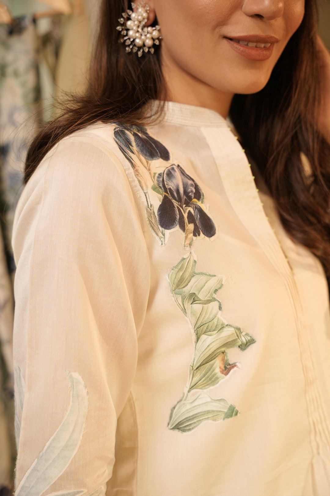 Ivory Top with Blue Appliqué