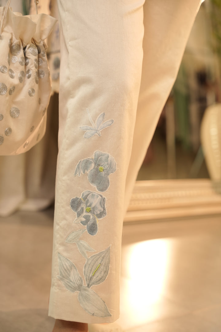 Ivory Trouser with Blue Appliqué