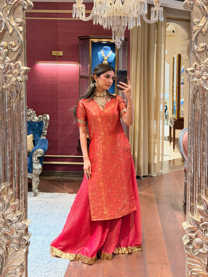 Meher Taluja In Brick Red Brocade Kurta (Ready To Ship)
