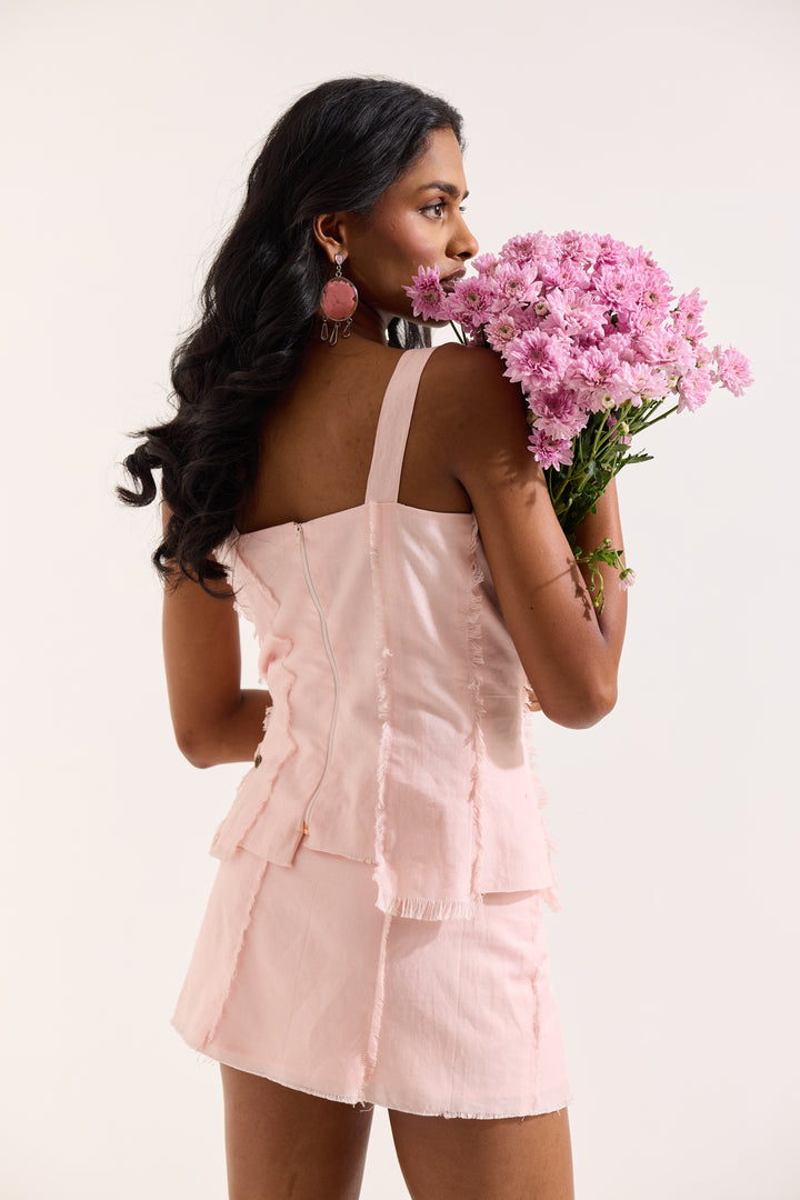 Pink Linen Frayed Top