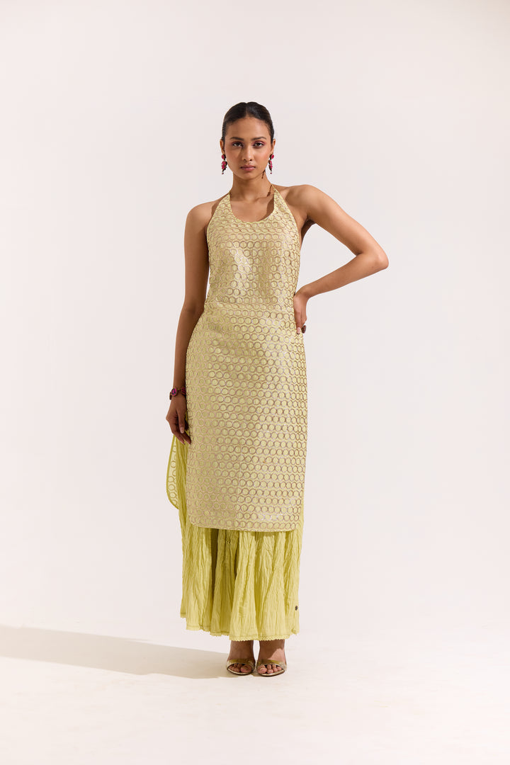 Green Chanderi Gota Halter Dress
