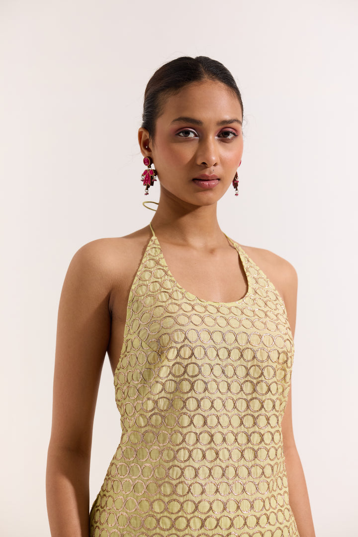 Green Chanderi Gota Halter Dress