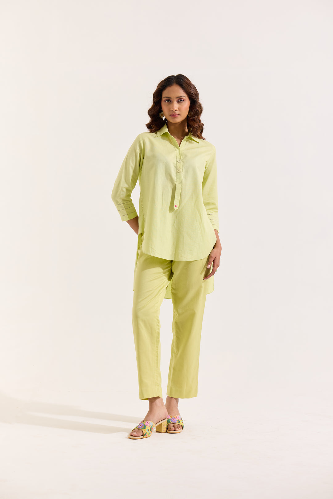 Green Linen High Low Shirt