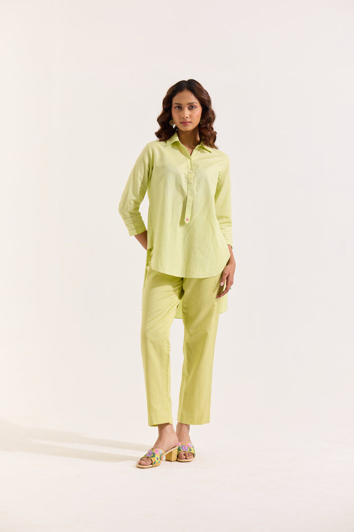 Green Linen High Low Shirt