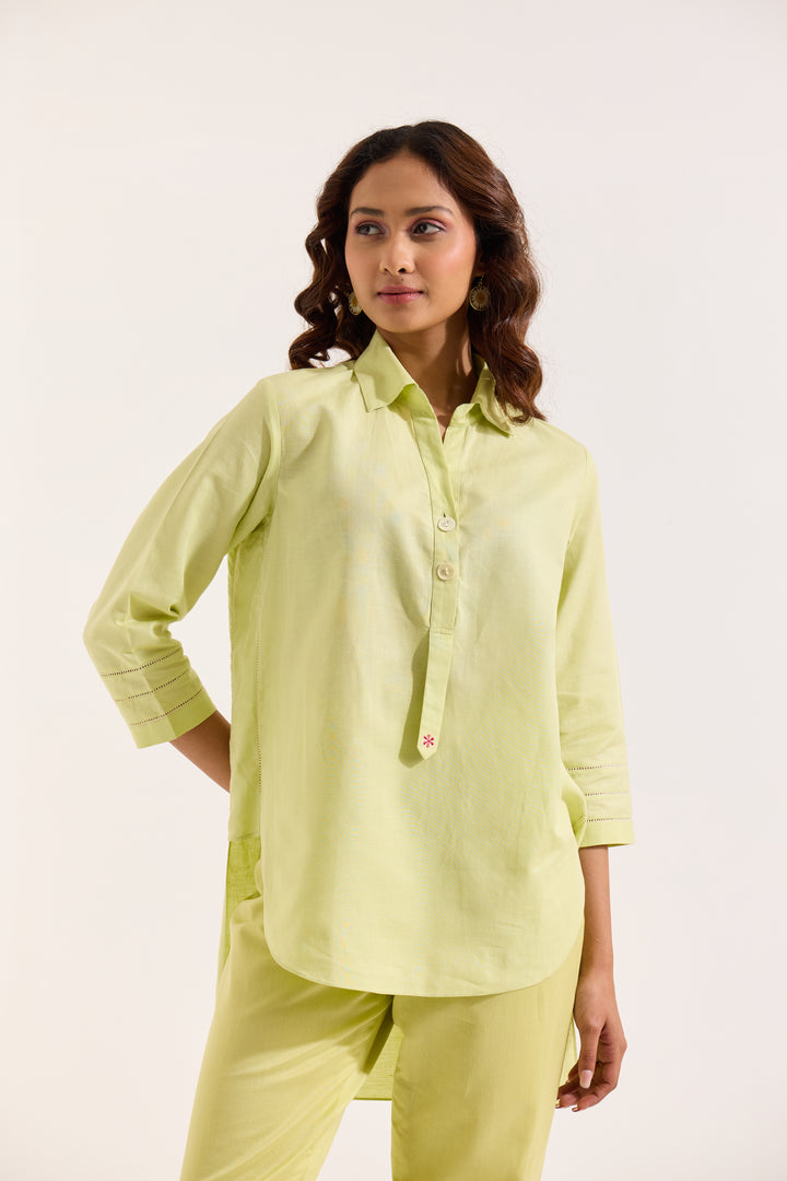 Green Linen High Low Shirt