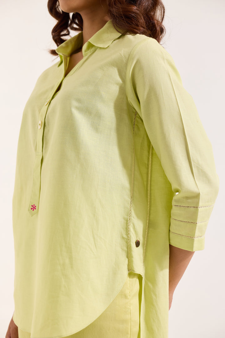 Green Linen High Low Shirt