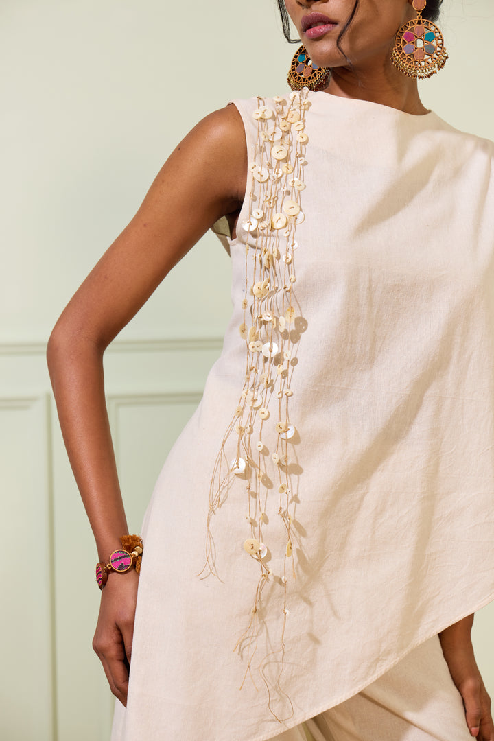 Cream Button Cascade Kurta