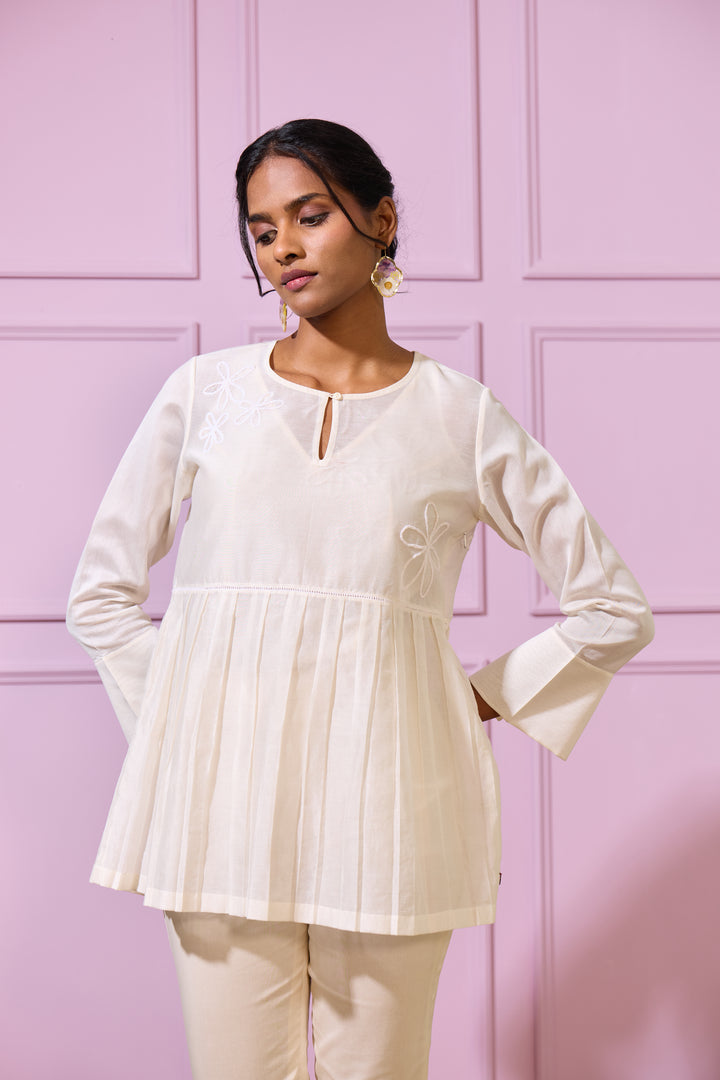 Pleated Ivory Chanderi Top