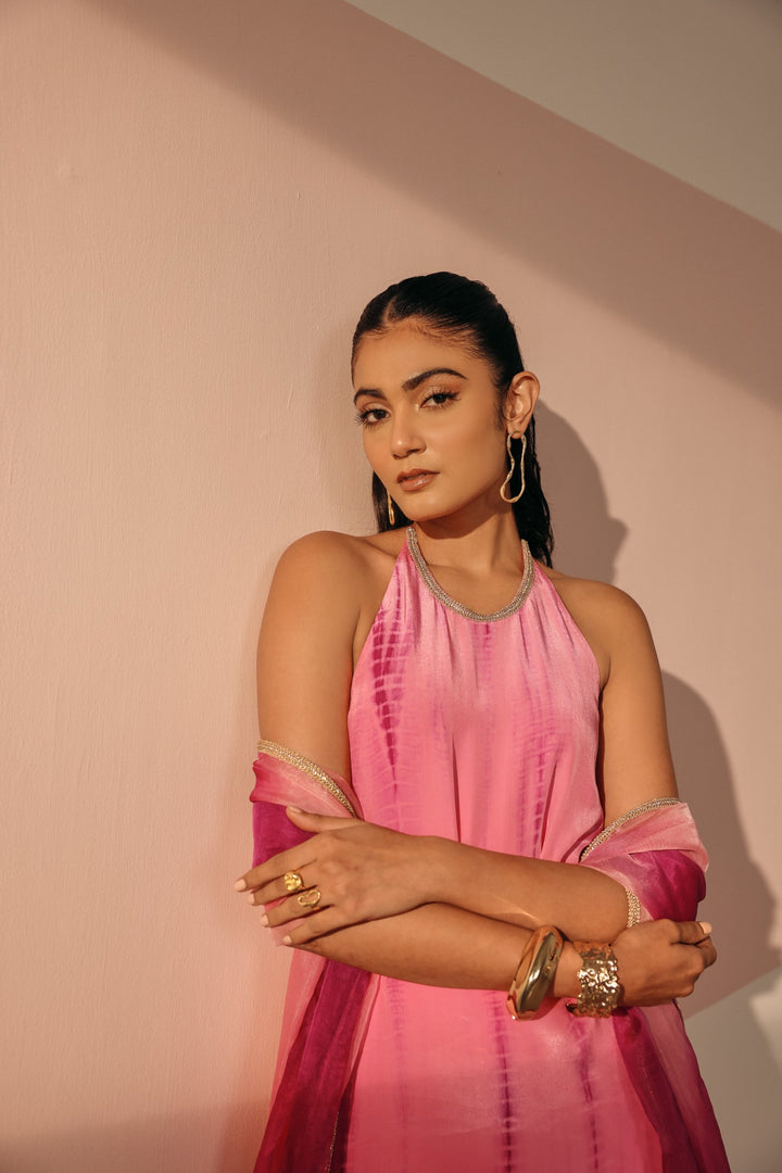 Pink and Purple Tie-dye Halter Kurta