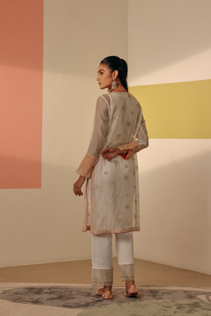 White Gold Zari Chanderi Kurta