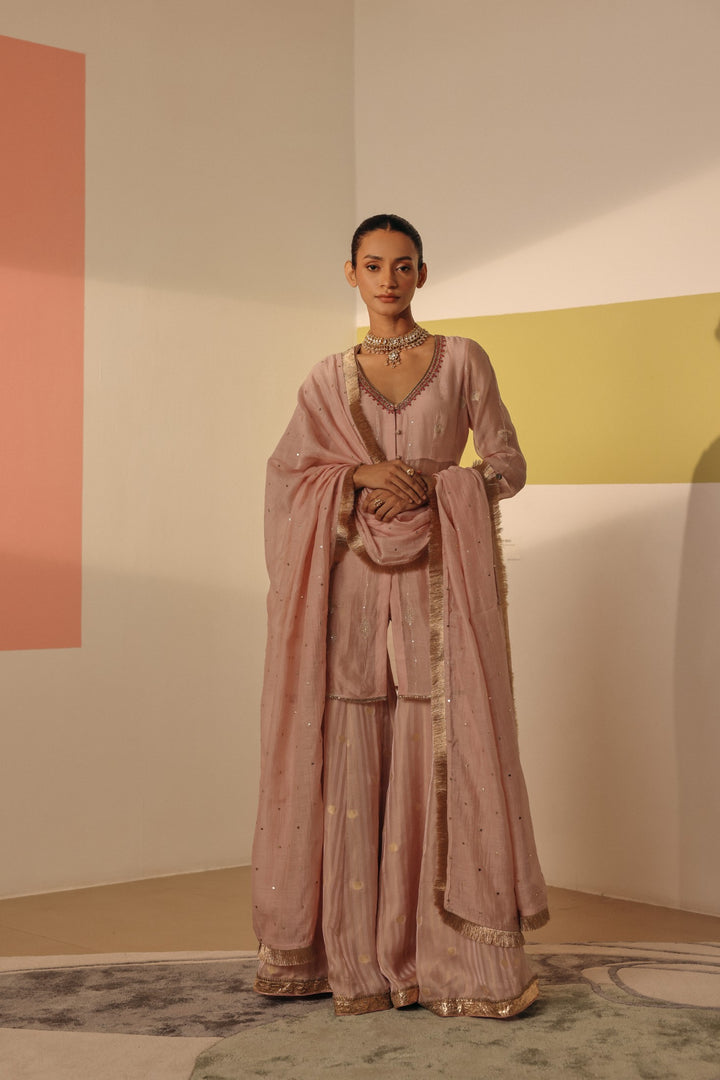 Pink Gold Zari Chanderi Peplum Kurta