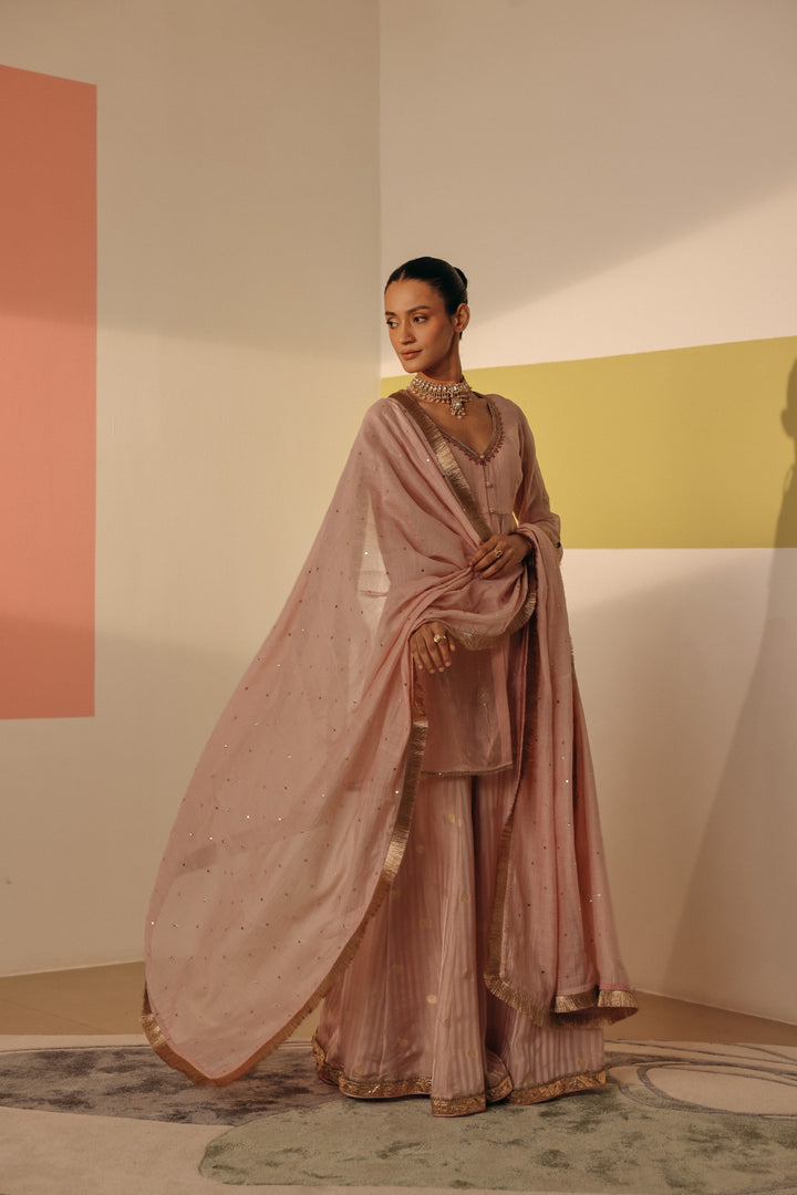 Pink Gold Zari Chanderi Peplum Kurta