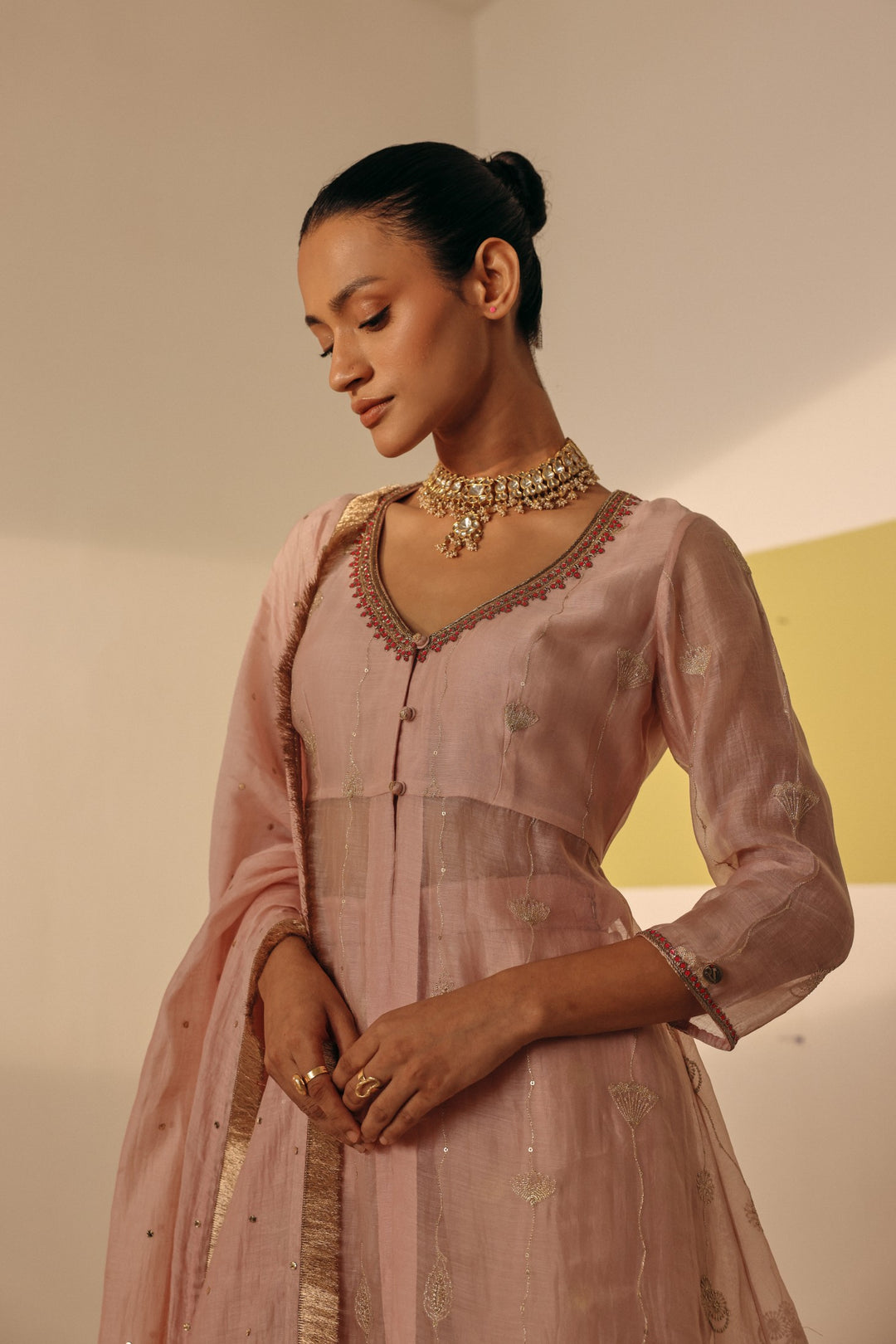 Pink Gold Zari Chanderi Peplum Kurta