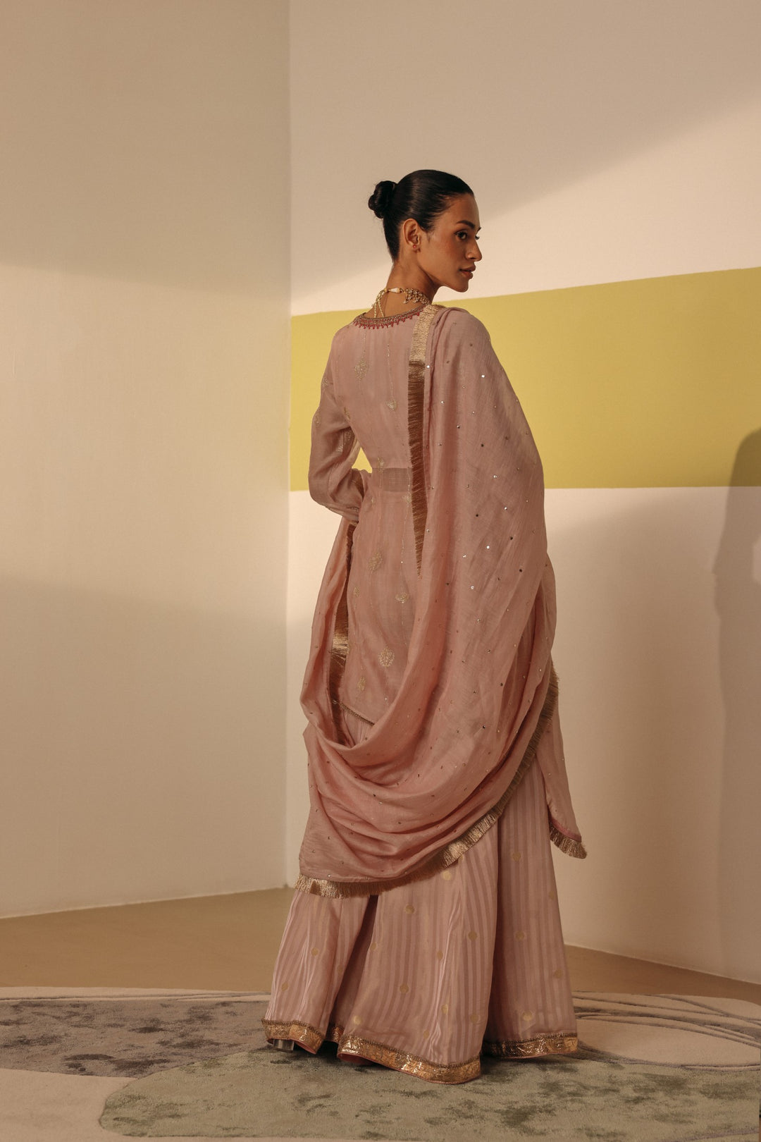 Pink Gold Zari Chanderi Peplum Kurta