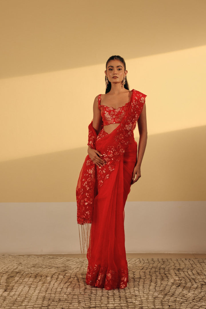 Red Organza Appliqué Saree (Ready To Ship)