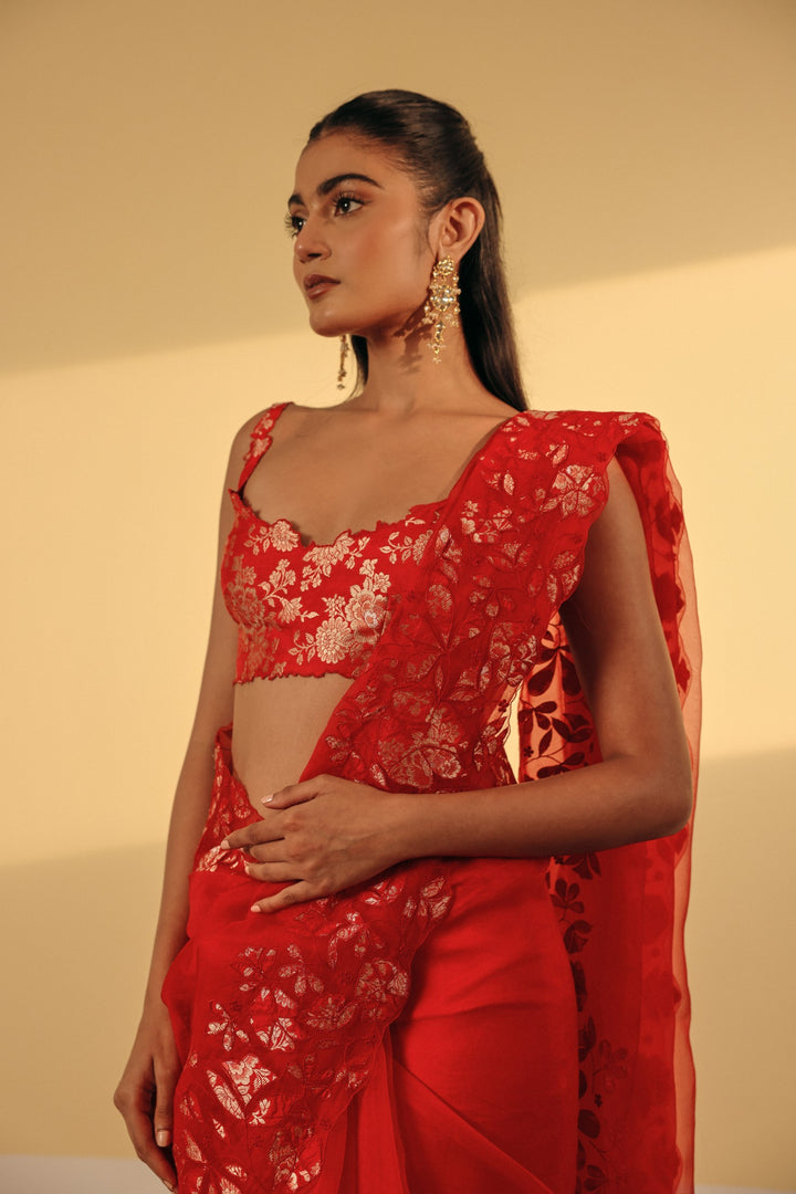 Red Organza Appliqué Saree (Ready To Ship)