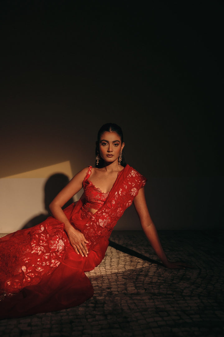 Red Organza Appliqué Saree (Ready To Ship)