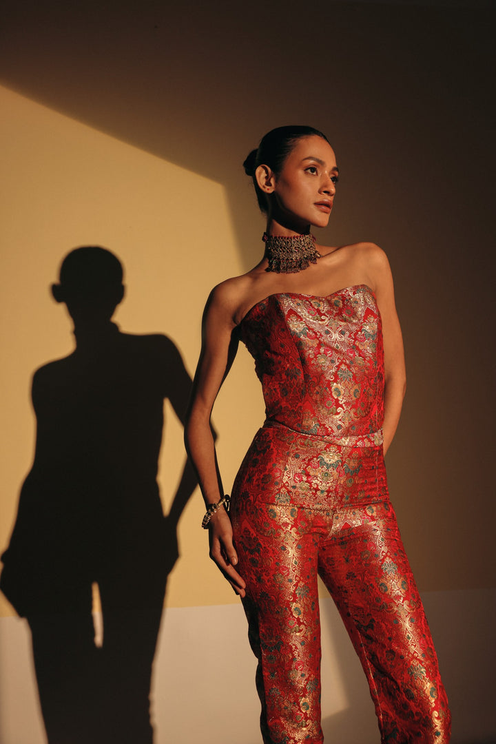 Red Gold Brocade Corset (Ready To Ship)