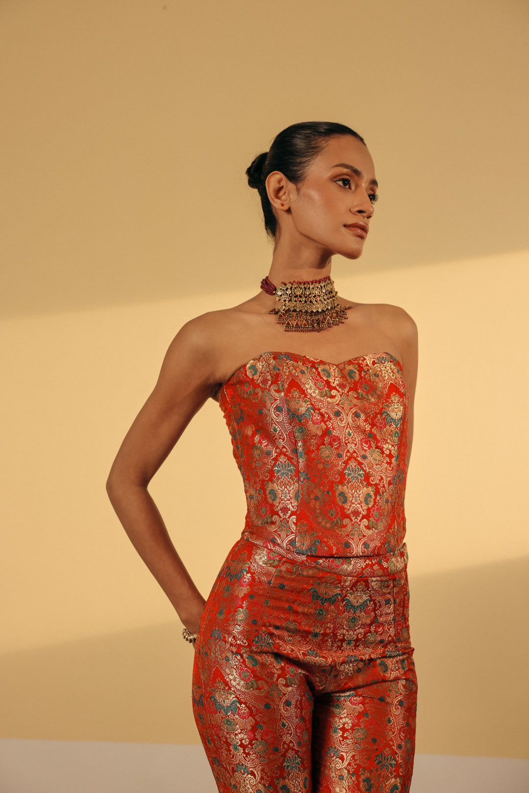 Red Gold Brocade Corset (Ready To Ship)