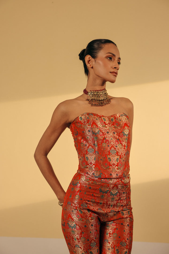 Red Gold Brocade Corset (Ready To Ship)