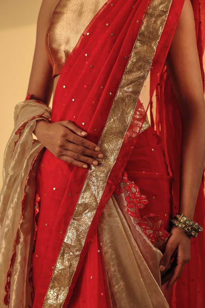 Red & Gold Double Layer Saree