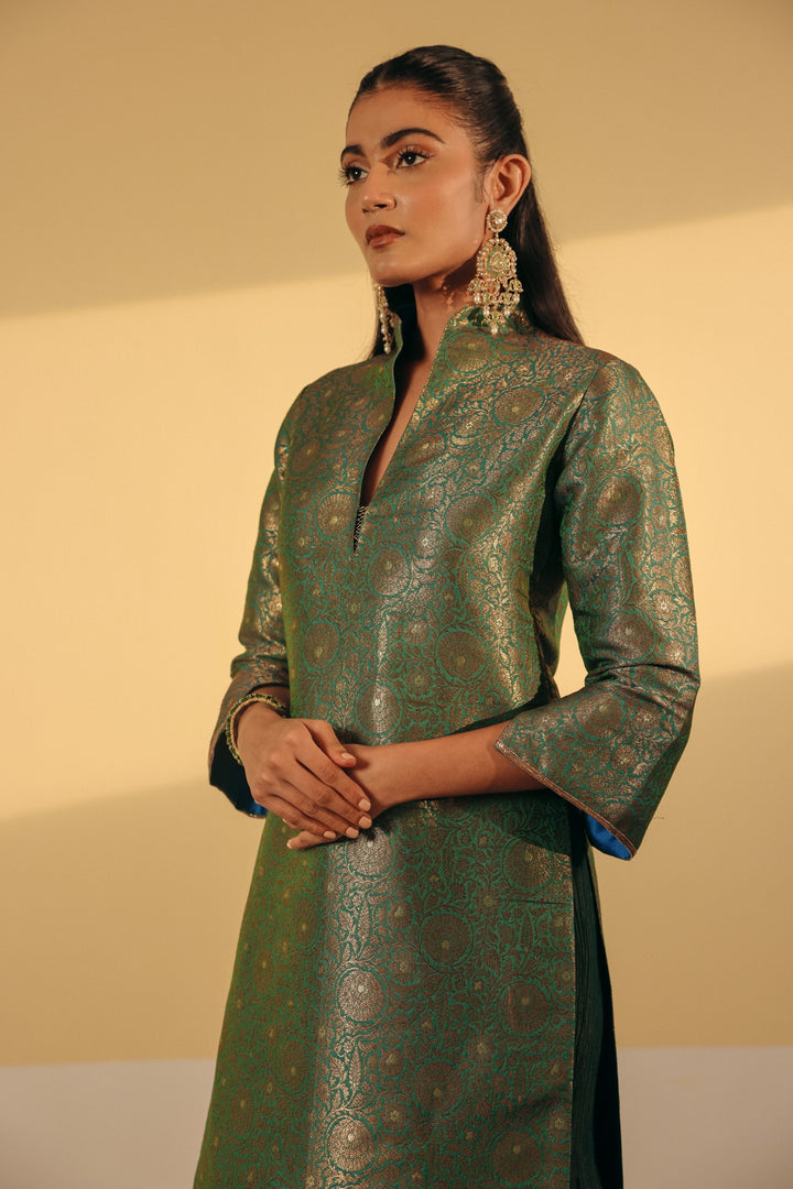Green Brocade Kurta (Ready To Ship)