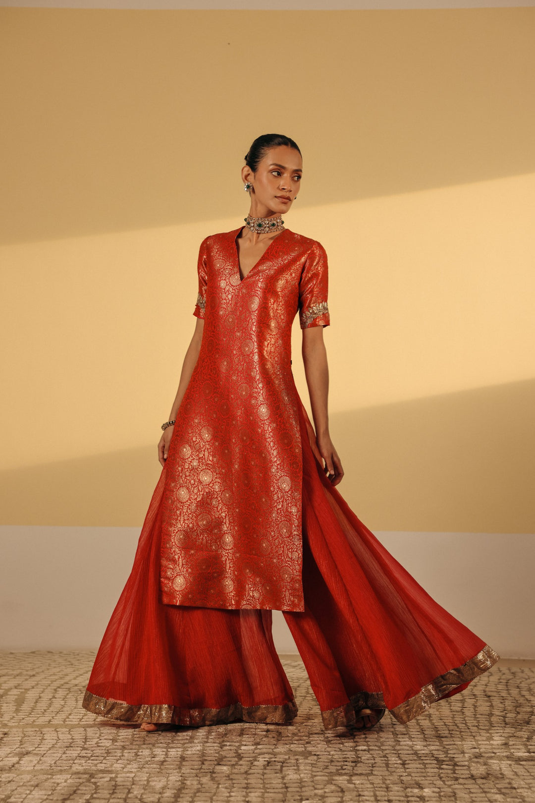 Brick Red Brocade Kurta