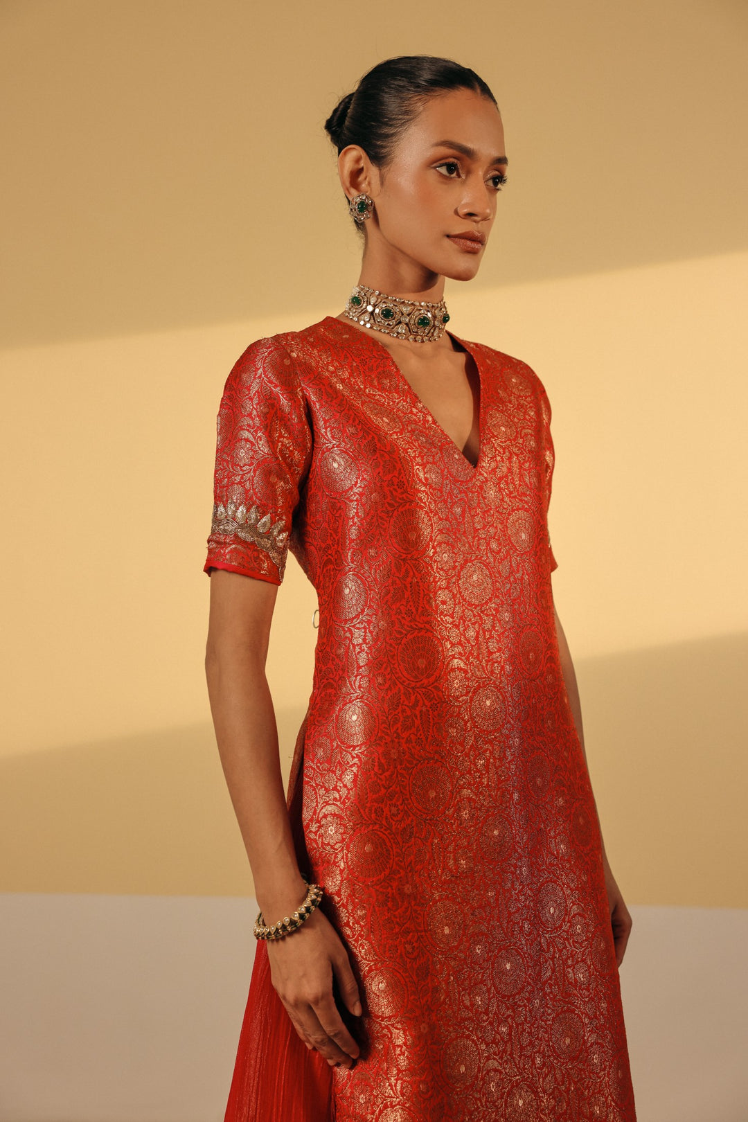 Brick Red Brocade Kurta